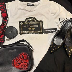 Karl Lagerfeld Trio. White Tee, Crossbody Bag & Blk Sling-backs